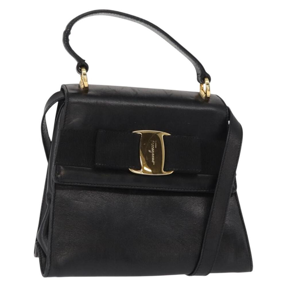 Salvatore Ferragamo Vala Hand Bag Leather 2way Black Gold Auth BA8780